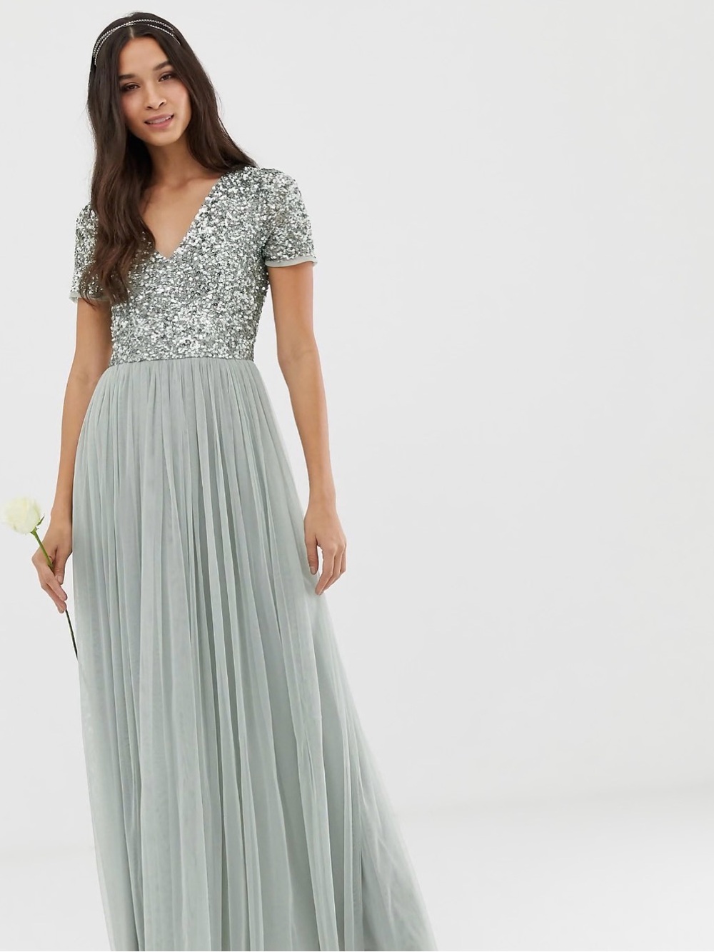 ASOS Maya Sequin Bodice V-Neck Maxi Dress in Sage Green